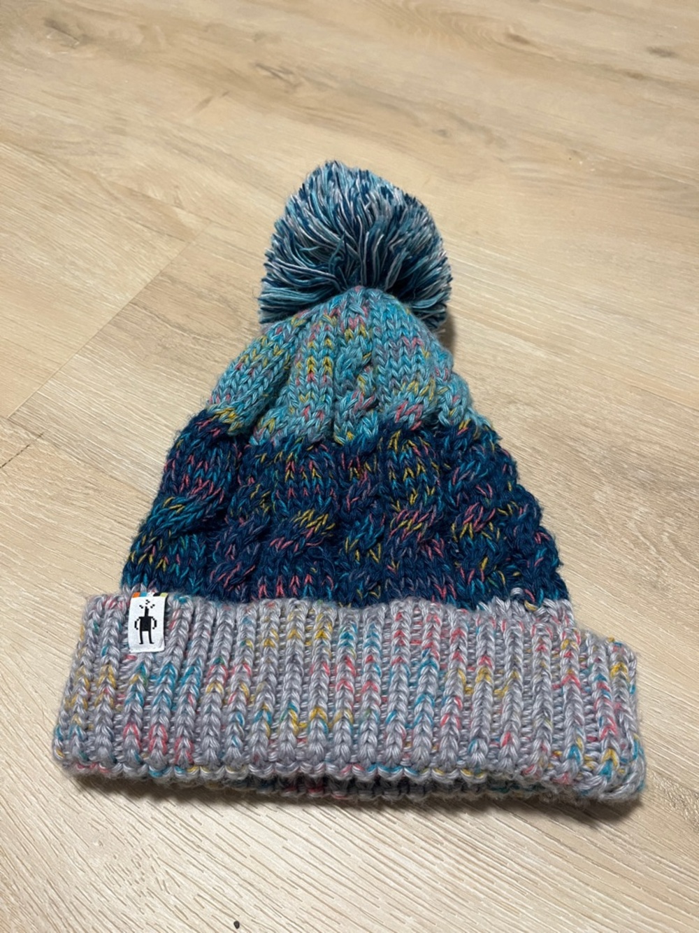Smartwool Womens Multicolor Knit Pom Beanie in Blue and Light Gray